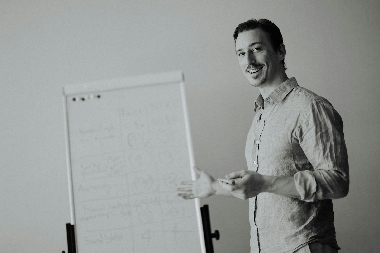 Man presenting by a whiteboard in a studio.